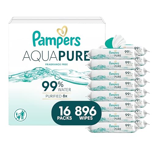 Pampers Baby Wipes Aqua Pure, 99% Water Based Wipes, Hypoallergenic and Unscented Infant Wipe, 896 Total (16 Flip-Top Packs)