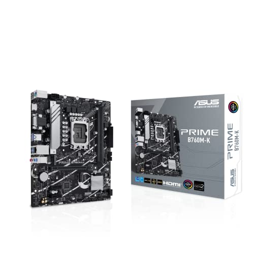 ASUS Prime B760M-K, an Intel B760 LGA 1700 mATX Motherboard with PCIe 4.0, Two PCIe 4.0 M.2 Slots, DDR5, Realtek 2.5Gb Ethernet, VGA, HDMI, SATA 6 Gbp