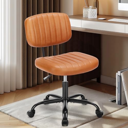 DUMOS Armless Home Office Desk Chair -Small Ergonomic with Low Back Lumbar Support, Height Adjustable PU Leather Computer Task with 360° Swivel Rolling Wheels, for Small Space, Brown