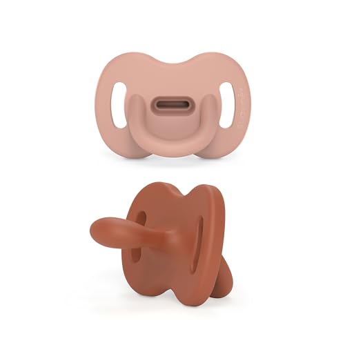 Color Essence SX PRO Silicone Baby Pacifier 2Pk, Made with 100% Soft Silicone, Baby Essentials Perfect for Breastfeeding Babies, Designed in Spain, 0-6 Mths, Nude/Orange