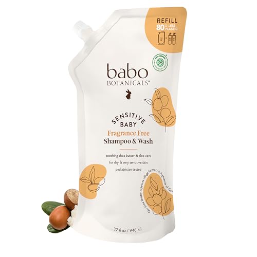 Babo Botanicals Sensitive Baby Fragrance-Free 2-in-1 Shampoo & Wash - Shea Butter, Calendula & Aloe Vera - EWG Verified - Cruelty-Free- Pediatrician Tested - For Babies & Kids - Refill pouch 32 fl.oz.