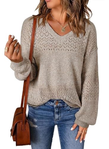 SHEWIN Womens Fall Sweaters Lightweight Casual Long Sleeve V Neck Crochet Sweater Tops Cable Knit Pullover Jumper Fall Clothes for Women 2025, XL, Brown