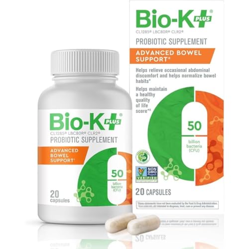 Bio-K+ Advanced Bowel Support Probiotic – 50 Billion CFU – Vegan, Gluten-Free, Non-GMO – Supports Digestive Health & Regularity – for Men & Women – 20 Capsules