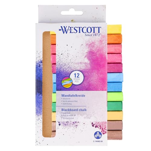 🔥 SELTEN SO GÜNSTIG (-25%) Westcott Kreide 12 Stück Bunt | 12er Pack Tafelkreide mit 1,2cm ⌀ in leuchtenden Farben | staubarm & leicht abwischbar | 8,5cm lange Kreidestifte | E-744983 00