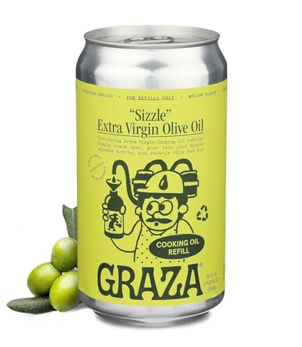 Graza Sizzle Extra Virgin Olive Oil, Cooking Oil - High Polyphenol Peak Harvest EVOO Cooking Oil in a Squeeze Bottle - Single Farm Olives from Spain - 25.3 Fl Oz (750ml) Refill Can