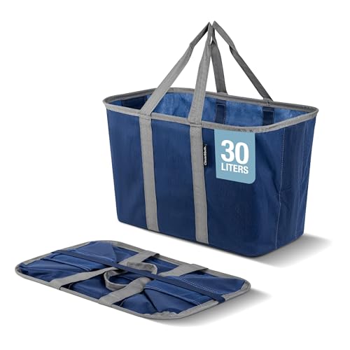 CleverMade EcoBasket Reusable Grocery Tote - 30L - Pack of 1 - Blue Gray - Collapsible Storage Shopping Organizer - Heavy Duty Utility Bag Home