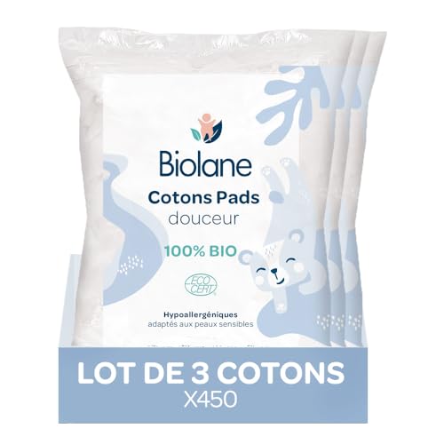 BIOLANE - Lot de 3 Cotons pads douceur - Bébé - 100% Bio - 150 Cotons - Peaux sensibles - Change & Toilette - Dès la naissance - Fabriqués en France