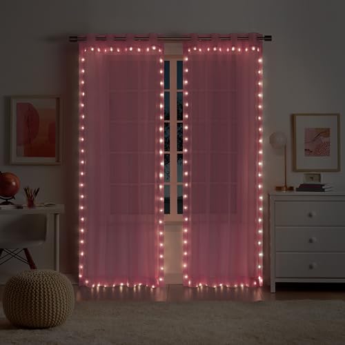 Eclipse Starlight Light Up Sheer Hookless Grommet Curtain With Remote Control, Bedroom or Outdoor Patio Room Divider, 1 Panel, 84 in Long x 52 in Wide, Pink