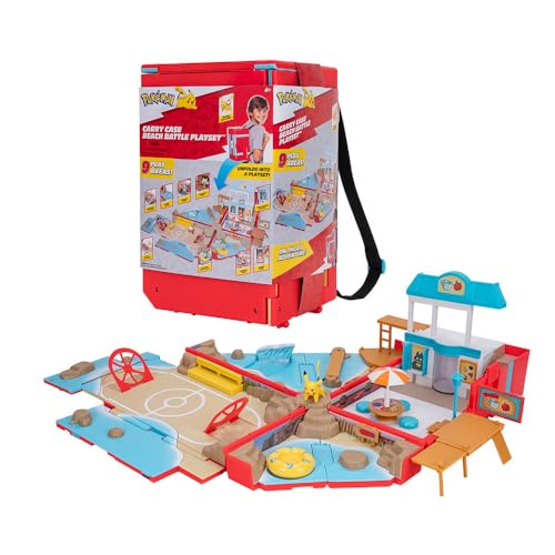 Jazwares Pokémon Carry Case Beach Battle Playset - Portable Transforming Backpack Playset with Action Features and 2-inch Pikachu Battle Figure