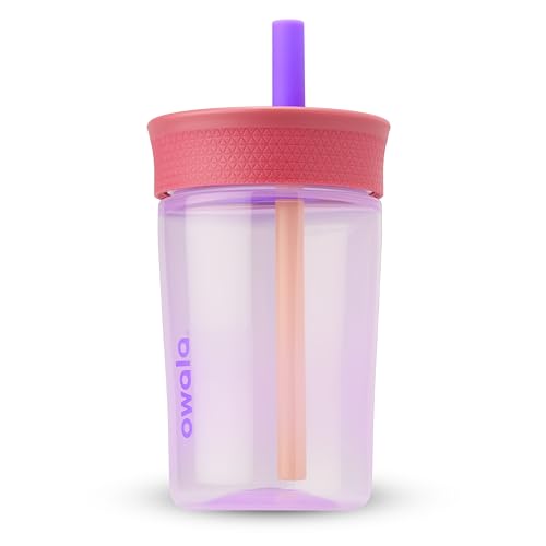 Owala Kids Insulation BPA-Free Plastic Tumbler with Spill Resistant Flexible Straw, Easy to Clean, Kids Water Bottle, Great for Travel, Dishwasher Safe, 15 Oz, Pink and Purple (Lilac Rocket)