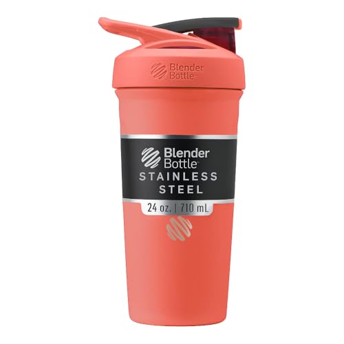 BlenderBottle Strada Shaker Cup Insulated Stainless Steel Water Bottle with Wire Whisk, 24-Ounce, Full Color Coral