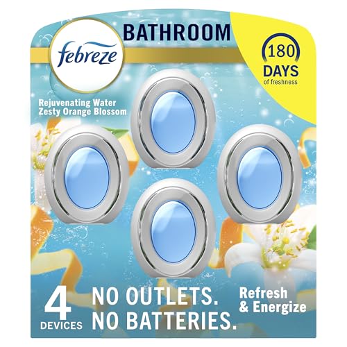 Febreze Bathroom Air Freshener, Odor-Fighting, Plug In Alternative, Air Fresheners for Home and Bathroom and Kitchen, Closet Air Fresheners, Refresh & Energize Scent, 4 Count