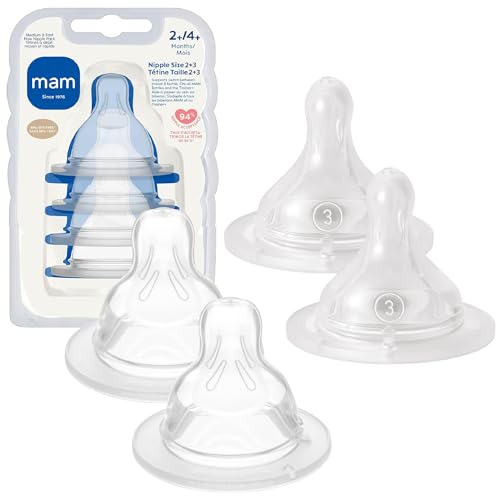 MAM Bottle Nipples Mixed Flow Pack - Medium Flow Nipple Level 2 and Fast Flow Nipple Level 3, for Newborns and Older, SkinSoft Silicone Nipples for Baby Bottles, Fits All MAM Bottles, 4 Pack