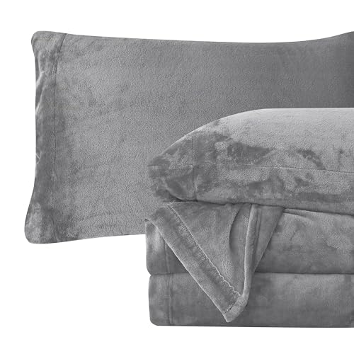Elegant Comfort Luxuriously Soft 4-Piece Velvet Plush Flannel Sheet Set - Premium Quality - Cozy Warm, Anti-Static, Non Pilling Fuzzy Velvet Flannel Fleece Deep Pocket Sheet Set - Cal King, Gray