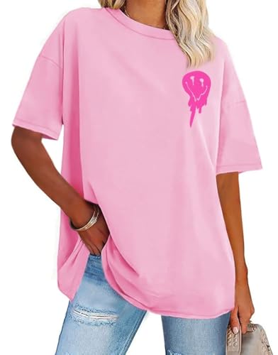 Womens Oversized Tshirt Graphic Tees Crew Neck Summer Short Sleeve Loose Fit Tops (A-Letter Print Pink, L)