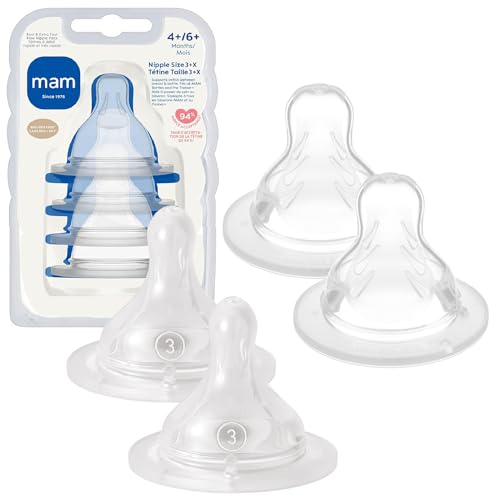 MAM Bottle Nipples Mixed Flow Pack - Fast Flow Nipple Level 3 and Extra Fast Flow Nipple Level 4, for Newborns and Older, SkinSoft Silicone Nipples for Baby Bottles, Fits All MAM Bottles, 4 Pack