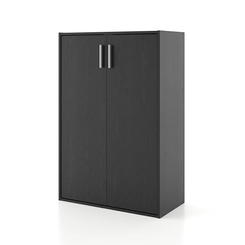 HOMES: INSIDE + OUT Apexa 3-Tier Stackable Wood Bookcase with Doors, Cube Storage Organizer Shelves, Small Food Pantry Cabinet, Dorm Teen Room Decor & Bedroom, Home Office, Kitchen, Black
