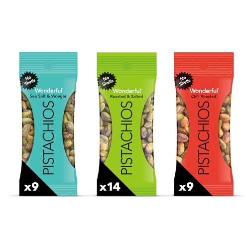 Wonderful Pistachios No Shells, 3 Flavors Mixed Variety Pack of 32 (0.75 Ounce), Roasted & Salted Nuts (14), Chili Roasted (9), Sea Salt & Vinegar (9), Protein Snacks, Gluten Free, Bulk Snacks, Boo Basket Stuffers