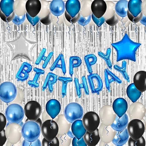 Blue Black Birthday Party Decorations Kit for Men 49 Pieces, Happy Birthday Banner, Fringe Curtains, Foil Balloons Party Décor for Men Boys Women Girls Birthday Party Supplies