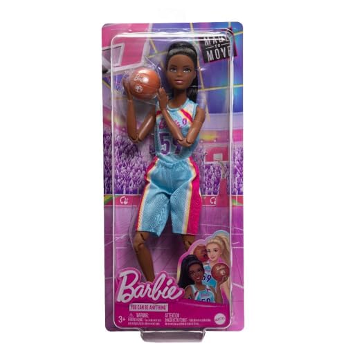 Barbie Made to Move Doll & Accessories, Brunette Basketball Player Wearing Removable Uniform with Ball, 22 Bendable Joints