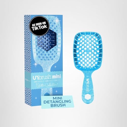 FHI Heat UNbrush Mini Detangler Brush for Pain-Free Brushing on All Wet or Dry Hair Types — Durable Duoflex Anti-Static Bristles, Lightweight Handle, Vented Mini Hair Brush, Sapphire Blue