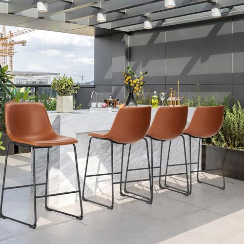 DUMOS 26 Inch Counter Height Bar Stools Set of 4, Modern Faux Leather High Barstools with Back and Metal Leg, Bar Chairs for Kitchen lsland, Brown