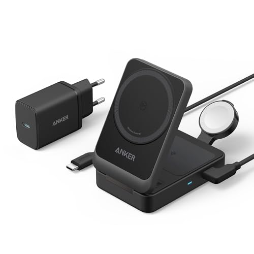 🔥 STARKER PREIS (-40%) Anker MagGo 3-in-1 Kabellose Ladestation, 15W kabelloser Ladeständer, MagSafe-kompatibel, Qi2-zertifiziert, für iPhone 17/16/15/14 Serie, AirPods Pro, Apple Watch Ultra (Mit USB-C Netzteil und Kabel)