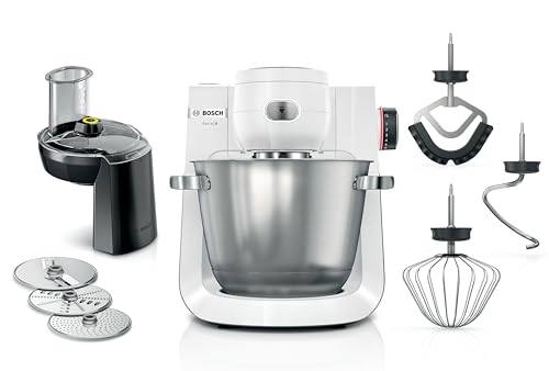 (-52%) Bosch Küchenmaschine Serie 6, 7 Geschwindigkeitsstufen, 5,5l Schüssel, Durchlaufschnitzler, 3 Scheiben, Knethaken, Rührbesen, Silikonbesen, spülmaschinenfest, 1.600 W, silber/weiß, MUMS6EW13D