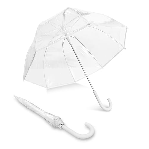 Weather Station Clear Rain Umbrella, Adult, Dome Canopy, Bubble, Automatic Open, Bubble, Waterproof, Lightweight, Full 52 Inch Arc, Stick, White