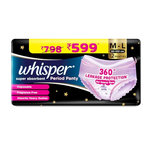 Whisper Super Absorbent Period Panty, 12 M-L Pants, 360 Degree Leakage Protection* for Heavy Flow, Panty like Fit, Full back Coverage, Absorbs Heavy G