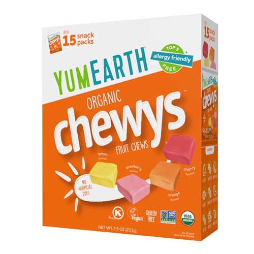YumEarth Organic Chewys Fruit Flavored Candy Chews - Allergy Friendly, Gluten Free, Non-GMO, Vegan, No Artificial Flavors or Dyes - Assorted Flavors, 7.5 oz.