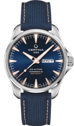 Certina, Mens, DS Action Day-Date Powermatic 80, Stainless Steel, Swiss Automatic, Watch, Blue, Plastic, 20, (C0324301804101)