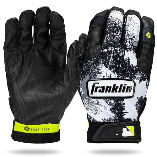 Franklin Sports MLB Youth Teeball Batting Gloves - Grow to Pro Kids Baseball + Softball Batting Gloves - Boys + Girls Pairs for Teeball, Baseball + Softball - Black/White - Youth Extra Small