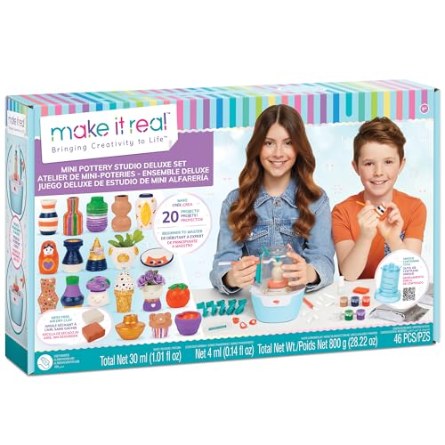 Make It Real: Mini Pottery Studio Deluxe Set - DIY All-in-1 Sculpting Craft Kit, All Skill Levels, Miniature Clay Projects, Kids Girls & Tweens Age 8+