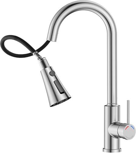 SREWOHS PRO Kitchen Tap, Kitchen Sink Mixer Taps with Pull Out Spray Head, 360°Swivel Spout, 4 Modes, Single Handle Stainless Steel Pull Down Bar Faucet for Single Hole Sink,No Plumber,Nickel