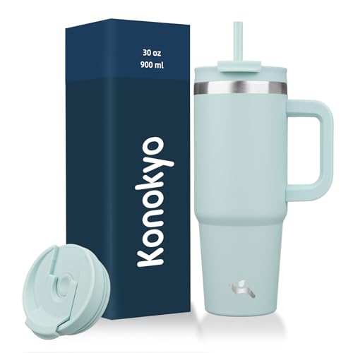 Konokyo 30 oz Tumbler with Handle and 2 Straws,2 in 1 Lid Insulated Water Bottle Stainless Steel Travel Coffee Mug,Blue Haze
