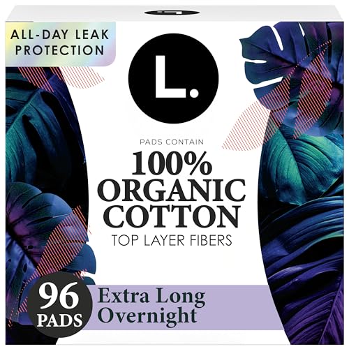 L. Ultra Thin Pads for Women, Overnight Absorbency, Organic Cotton Top Layer, Unscented Pads with Wings, 96 Count (4 Packs of 24)
