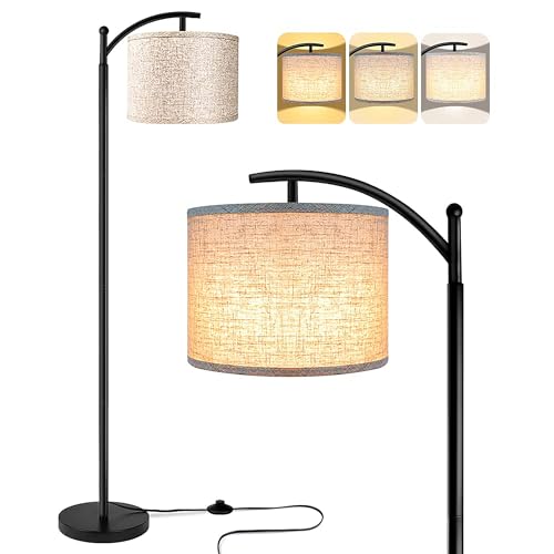 Arc Floor Lamps for Living Room with 3 Color Temperatures, Black Standing Lamp with Remote & Dimmable LED Bulb, Rattan Boho Floor Lamp, Farmhouse Tall Lamp for Bedroom, Over Couch Arched Reading Light