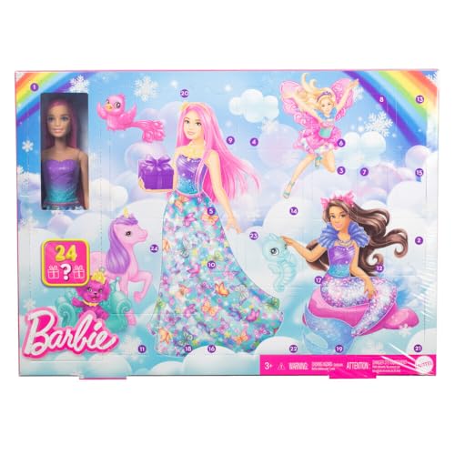 Barbie Advent Calendar with Doll & 24 Surprise Accessories Including Unicorn & 3 Pets, Transform Pink-Haired Fashion Doll into Mermaid, Fairy & More