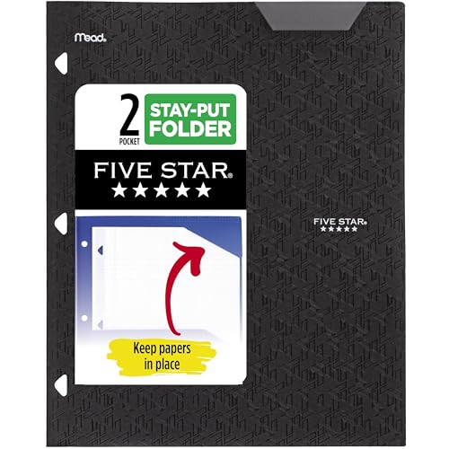Five Star 2-Pocket Folder, Plastic Folder with Stay-Put Tabs, Fits 3-Ring Binder, Holds 8-1/2" x 11" Paper, Black (333420G-ECM)