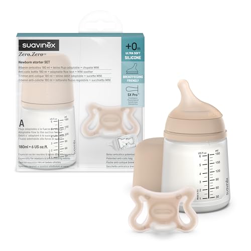 Suavinex Zero Zero Newborn Starter Set Small Anti Colic Baby Bottle + Pacifier, No 1 Spanish Baby Bottle Brand, Minimizes Bottle Rejection & Nipple Confusion, Adaptable Flow - Light