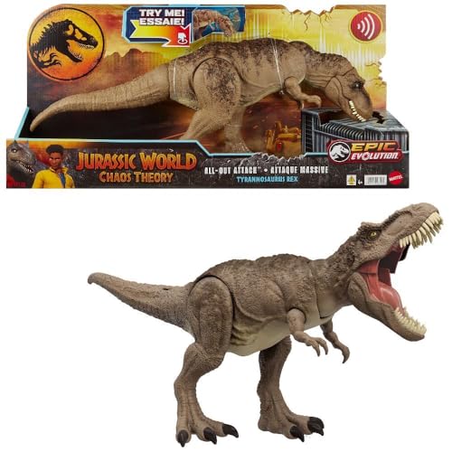 Mattel Jurassic World T. rex Dinosaur Toy with Sound & Movement, All-Out Attack Tyrannosaurus Rex Action Figure with Rampage Attack, Plus Digital Play