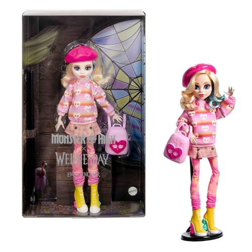 Monster High Wednesday Doll and Accessories, Enid Sinclair Collectible in Pink Fashion with Beret and Backpack, Doll Stand