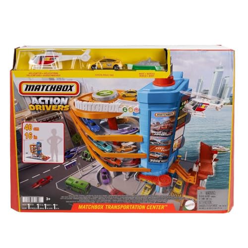 Matchbox Spielzeugautos und Spielset, Transport-Center mit 5 Etagen, von Kindern und Autos aktivierbare Funktionen, enthält Taxi, Boot und Hubschrauber im Maßst