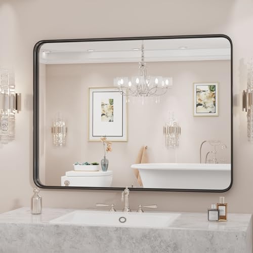 Sweetcrispy Black Metal Framed Bathroom Vanity Mirrors for Over Sink Wall, 30x40 Inch Large Rounded Rectangle Mirror, Modern Decorative for Restroom, Farmhouse, Horizontally or Vertically Hanging