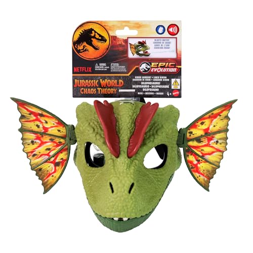 Mattel Jurassic World Dilophosaurus Role Play Mask with Venom Launchin Water Feature, Sound & Adjustable Frill, Dinosaur Costume Headgear Toy