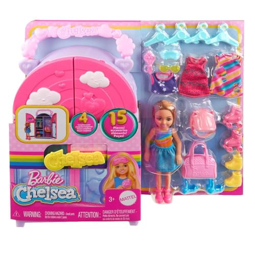 Barbie Chelsea Doll & Closet Toy Playset with 15 Pieces Clothes & Accessories Included, Foldable Set for On-The-Go Play & Storage
