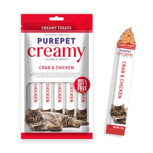 Purepet Creamy lickable Cat Treats (75g x 5 Pouches) Total 375g | Crab & Chicken | Better Digestibility | Supports Skin & Coat Health | Improved Overa