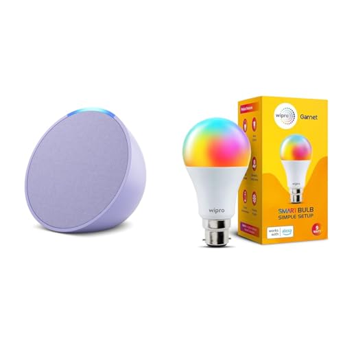 Amazon Echo Pop (Purple) Smart Home Speaker Combo with Wipro Simple Setup 9W LED Smart Bulb | with Bluetooth and Alexa