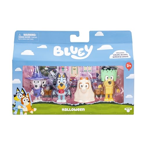 Bluey Figure 4-Packs, Halloween, 2.5" Poseable, Bingo, Chloe & Lucky Dressed in Halloween Costumes, with Accessories, Kids Can Recreate Their Favorite Moments